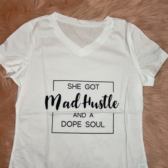 White Printed Lettering V Neck Short Sleeve Shirt - Picture 10 of 13